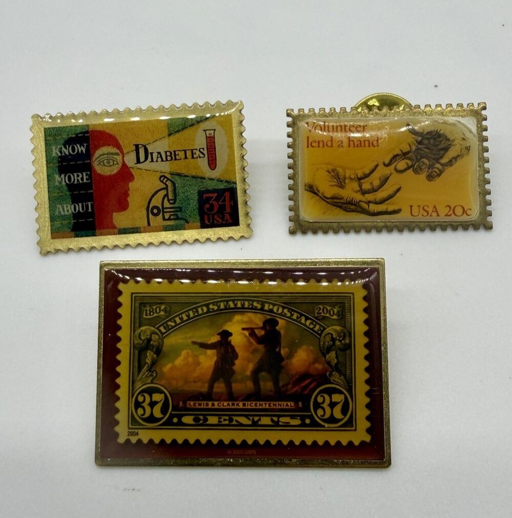 Lot of 3 USPS Postage Stamp Lapel Pins Diabetes Volunteer Lewis Clark